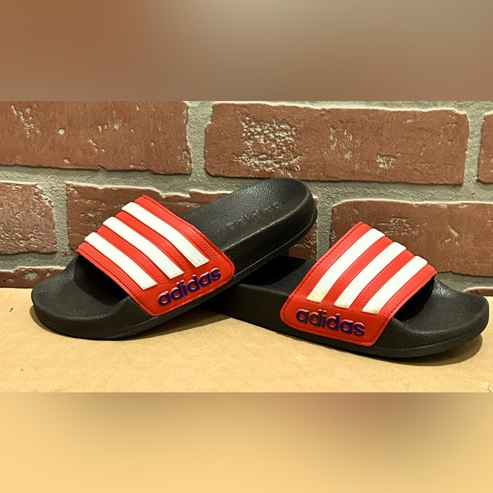 Adidas little boys slides, red w/3 stripe white like new preowned size US 12